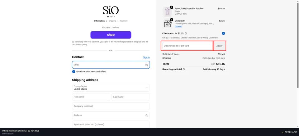 SiO Beauty checkout page showing the Discount code or gift card field and Apply button