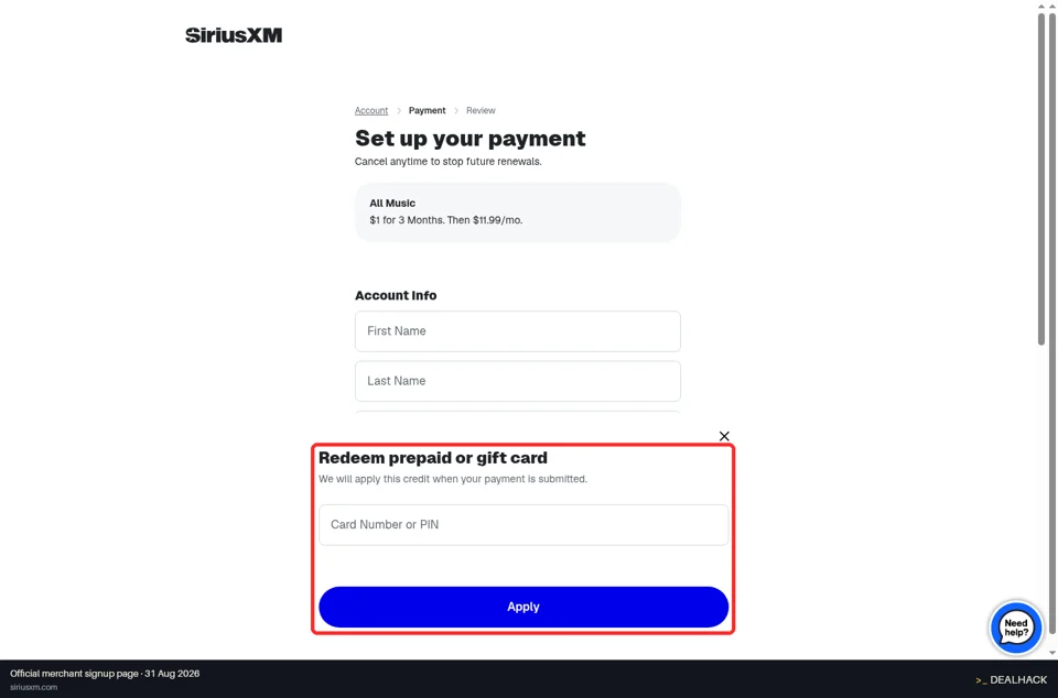 SiriusXM checkout page showing the Card Number or PIN field and Apply button