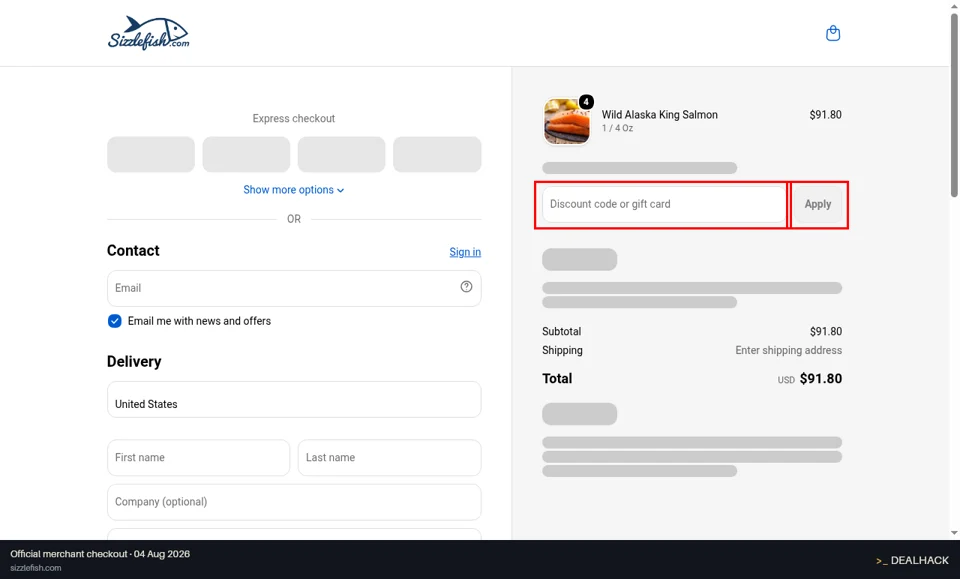 Sizzlefish checkout page showing the Discount code or gift card field and Apply button