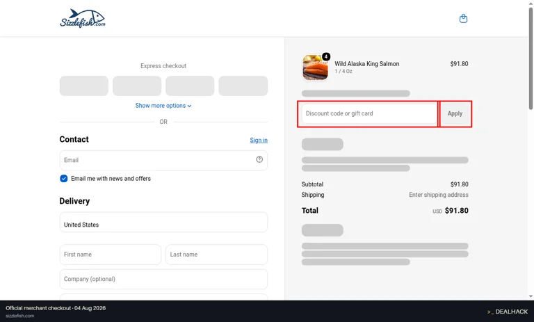 Sizzlefish checkout page showing the Discount code or gift card field and Apply button