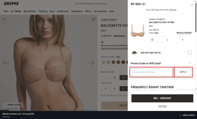 SKIMS checkout page showing the Promo Code or Gift Card field and APPLY button