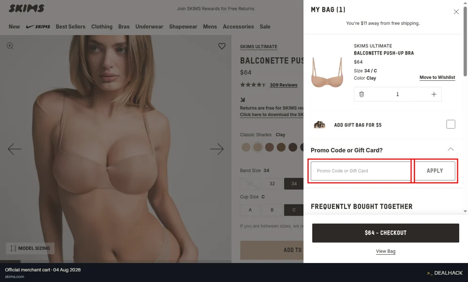 SKIMS checkout page showing the Promo Code or Gift Card field and APPLY button