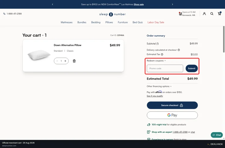 Sleep Number checkout page showing the Promo code field and Submit button