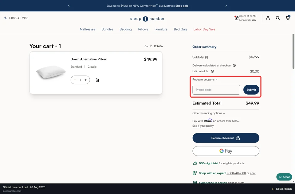 Sleep Number checkout page showing the Promo code field and Submit button