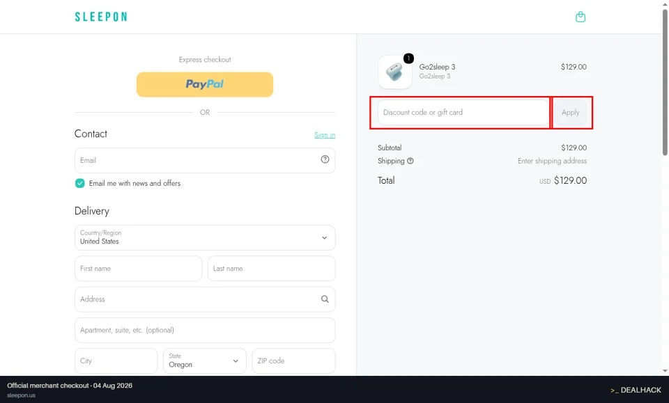 Sleepon checkout page showing the Discount code or gift card field and Apply button