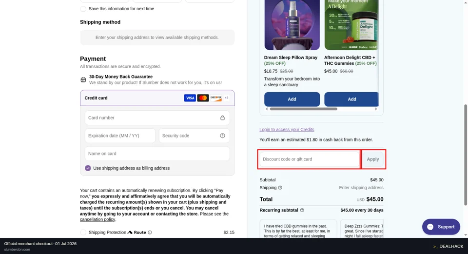 Slumber checkout page showing the Discount code or gift card field and Apply button