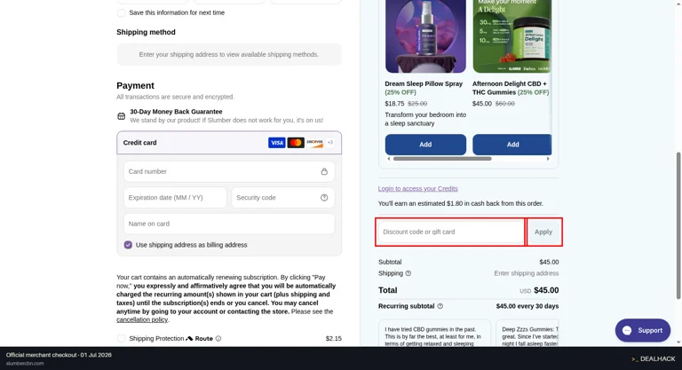 Slumber checkout page showing the Discount code or gift card field and Apply button