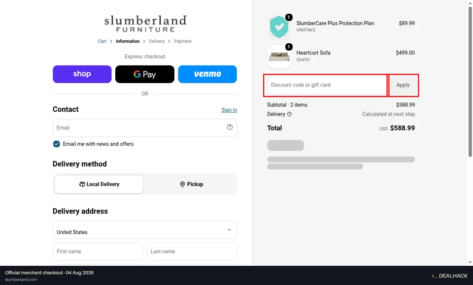 Slumberland Furniture checkout page showing the Discount code or gift card field and Apply button