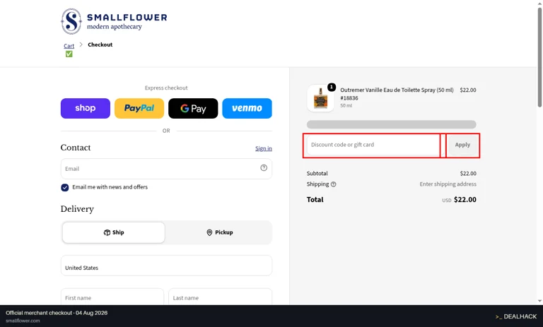 Smallflower checkout page showing the Discount code or gift card field and Apply button
