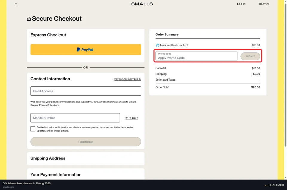 Smalls checkout page showing the Apply Promo Code field and Submit button
