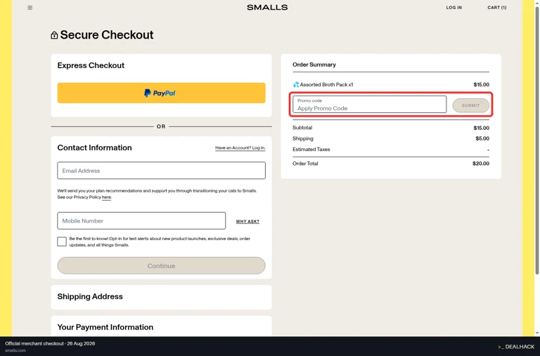 Smalls checkout page showing the Apply Promo Code field and Submit button