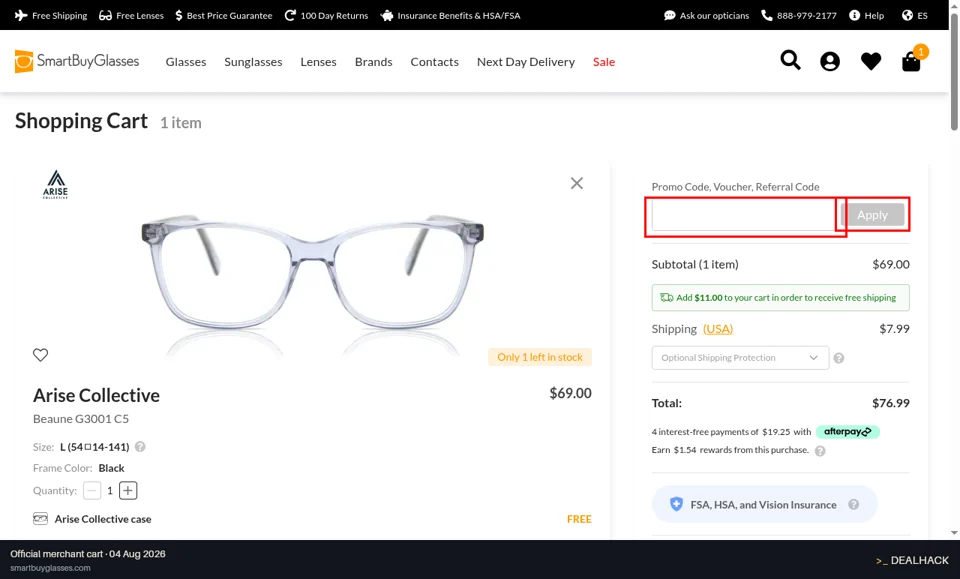 SmartBuyGlasses checkout page showing the Promo Code, Voucher, Referral Code field and Apply button