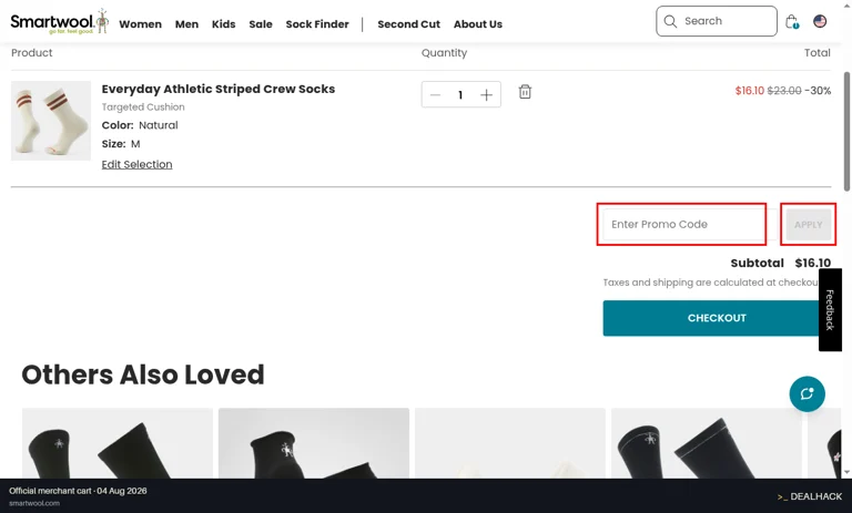 SmartWool checkout page showing the Enter Promo Code field and Apply button