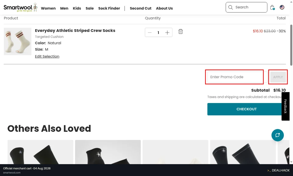 SmartWool checkout page showing the Enter Promo Code field and Apply button