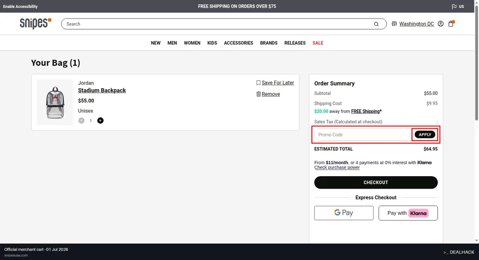 Snipes checkout page showing the Enter promo code (optional) field and Apply button