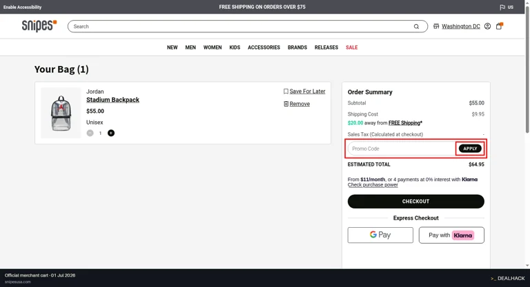 Snipes checkout page showing the Enter promo code (optional) field and Apply button