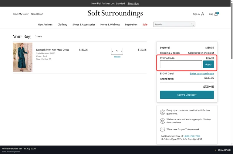 Soft Surroundings checkout page showing the Enter your promo code field and Apply button