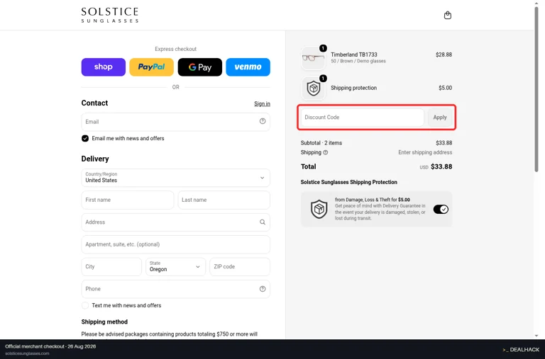 Solstice Sunglasses checkout page showing the Discount Code field and Apply button