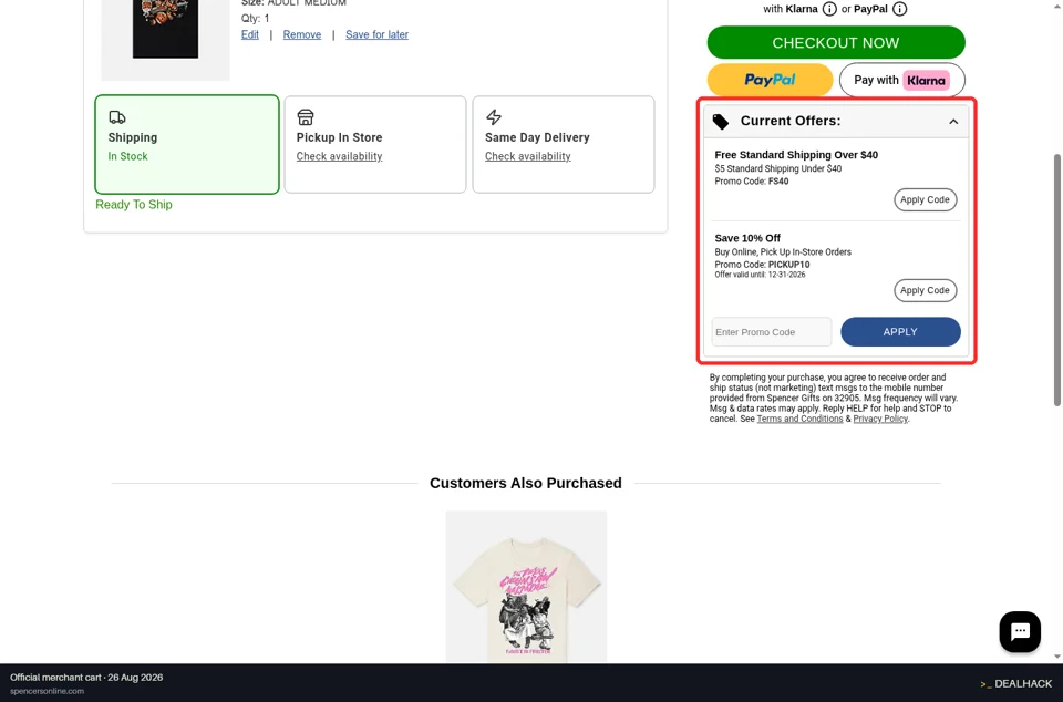 Spencer's checkout page showing the Enter Promo Code field and Apply button