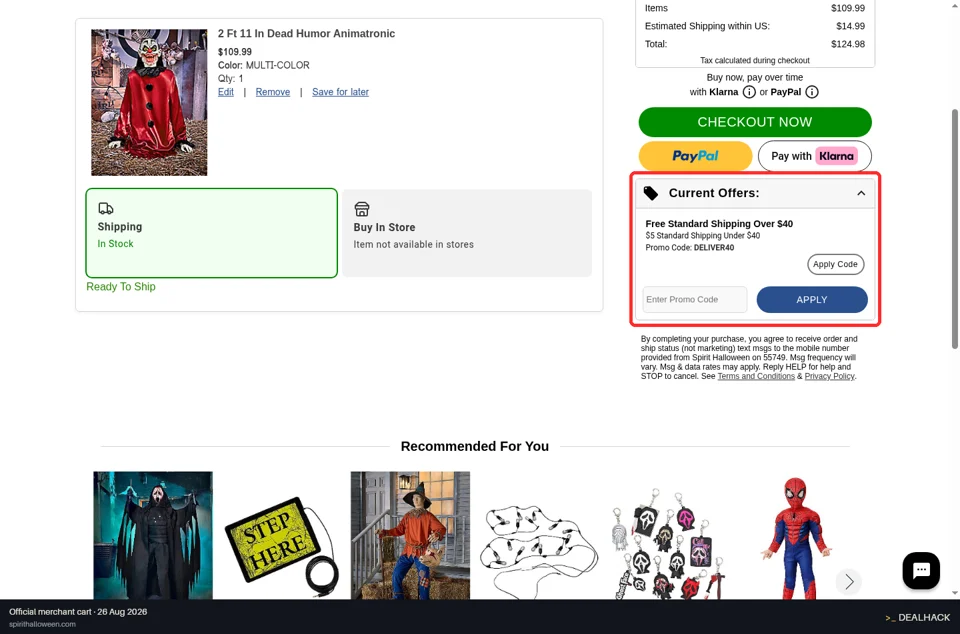 Spirit Halloween checkout page showing the Enter Promo Code field and APPLY button