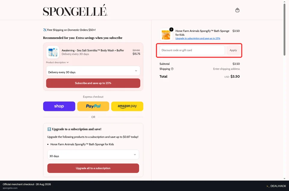 Spongellé checkout page showing the Discount code or gift card field and Apply button
