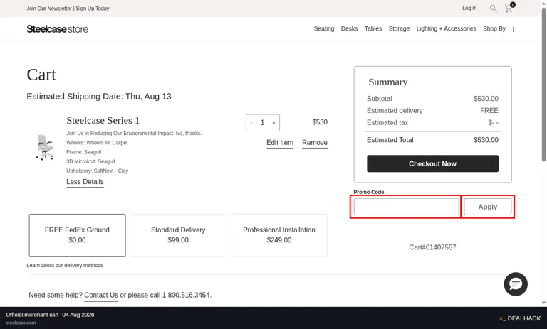 Steelcase checkout page showing the couponCode field and Apply button