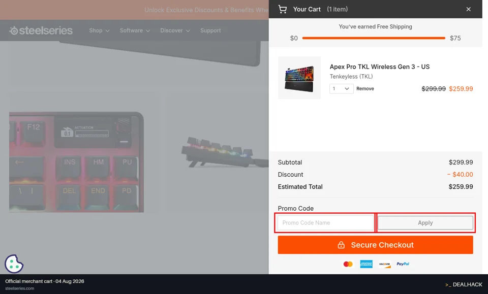 SteelSeries checkout page showing the Promo Code Name field and Apply button