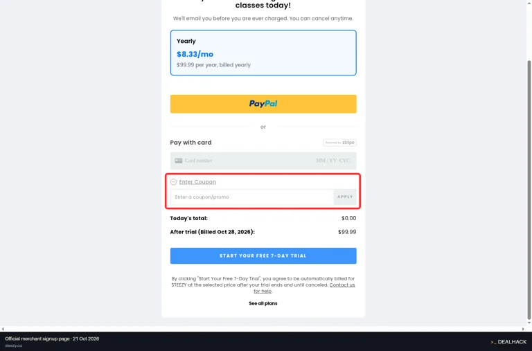 STEEZY checkout page showing the Enter a coupon/promo field and APPLY button