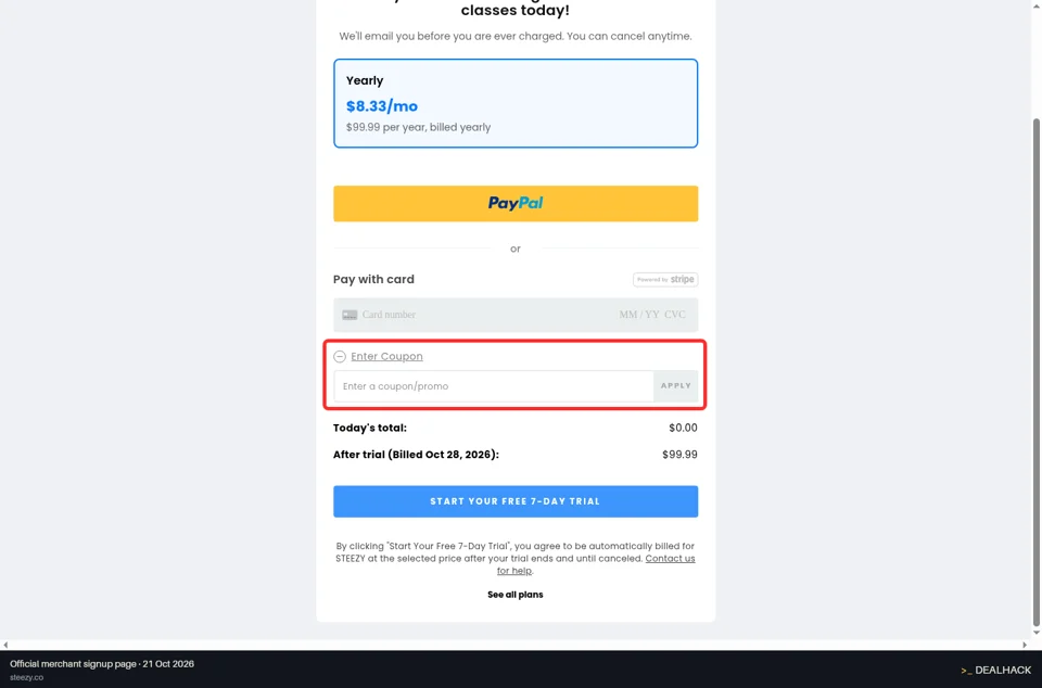 STEEZY checkout page showing the Enter a coupon/promo field and APPLY button