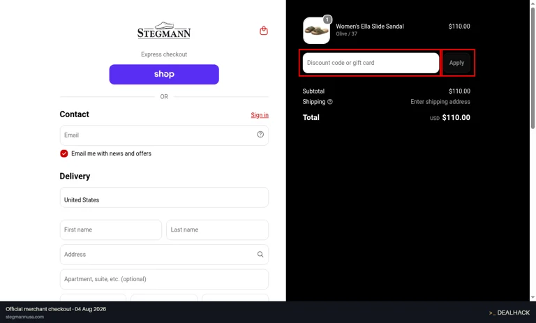 Stegmann checkout page showing the Discount code or gift card field and Apply button