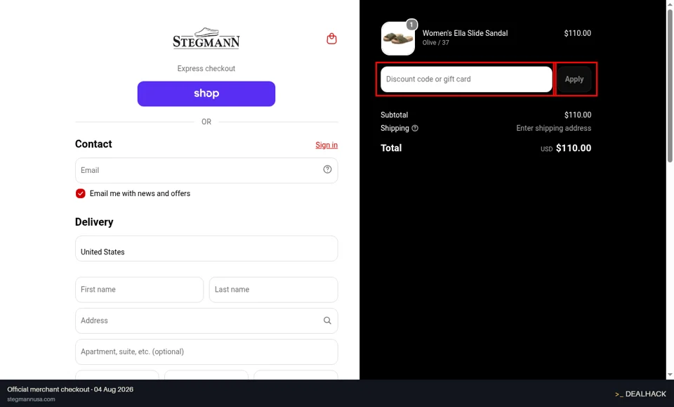 Stegmann checkout page showing the Discount code or gift card field and Apply button