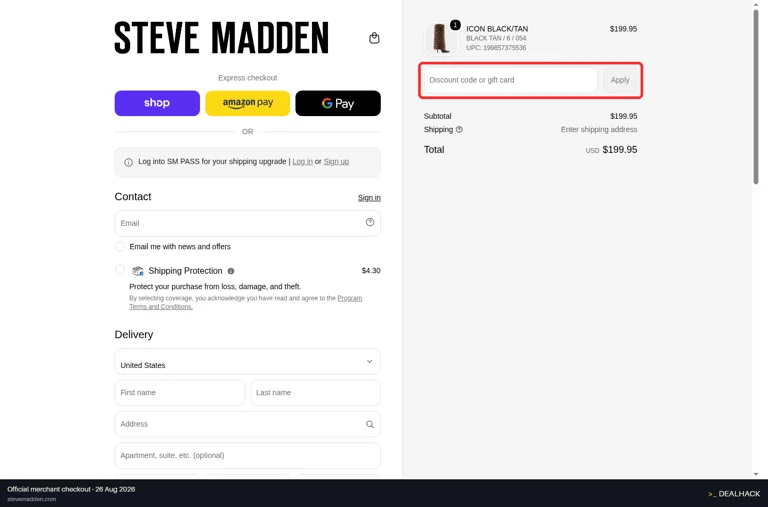 Steve Madden checkout page showing the Discount code or gift card field and Apply button