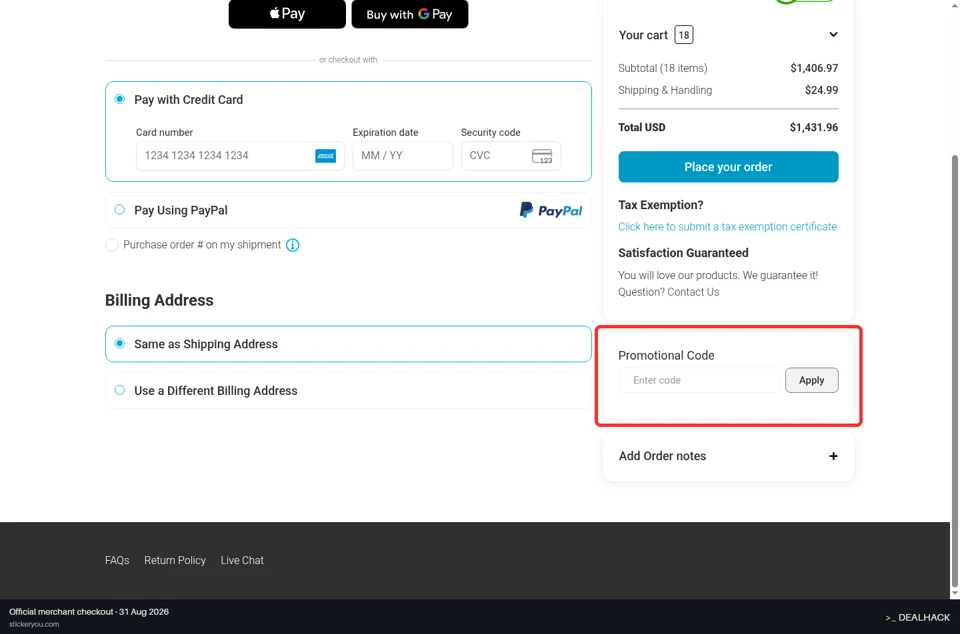 Sticker You checkout page showing the Enter code field and Apply button