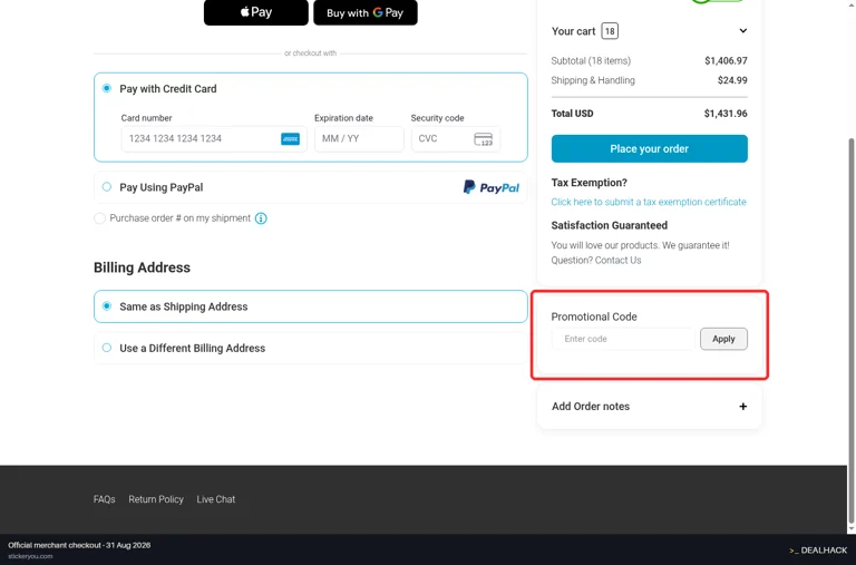 Sticker You checkout page showing the Enter code field and Apply button