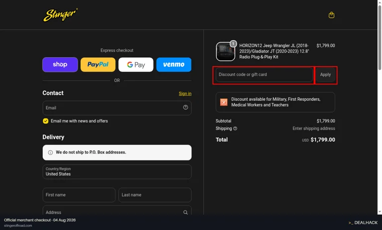 Stinger Off-Road checkout page showing the Discount code or gift card field and Apply button