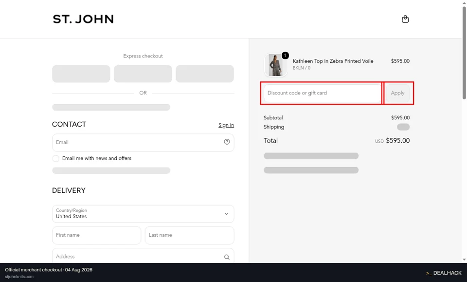 St. John Knits checkout page showing the Discount code or gift card field and Apply button