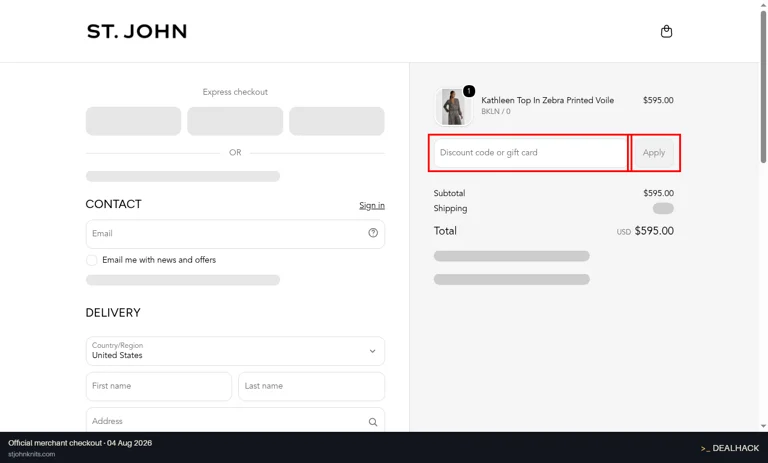 St. John Knits checkout page showing the Discount code or gift card field and Apply button