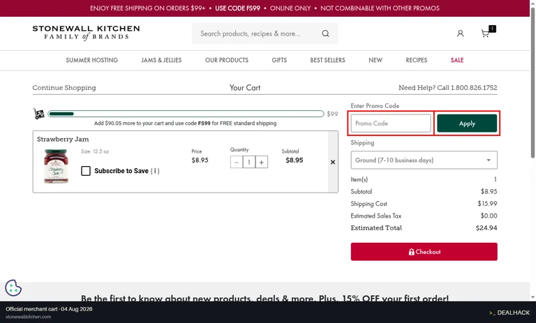 Stonewall Kitchen checkout page showing the Promo Code field and Apply button