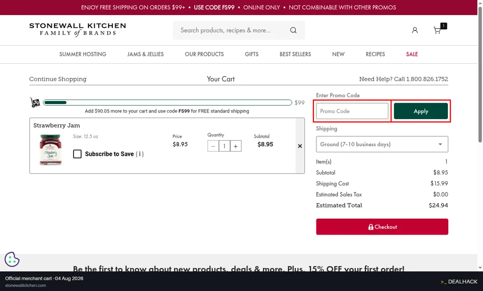 Stonewall Kitchen checkout page showing the Promo Code field and Apply button