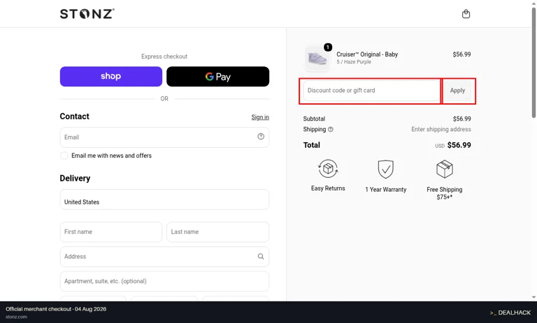 Stonz checkout page showing the Discount code or gift card field and Apply button