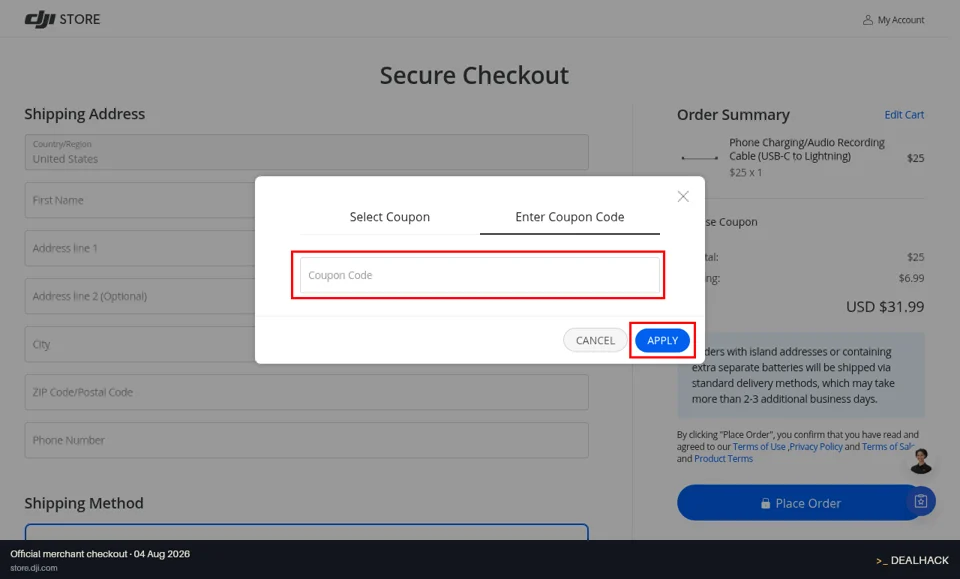 DJI checkout page showing the Coupon Code field and APPLY button