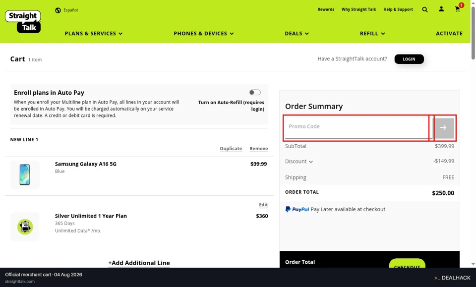 Straight Talk checkout page showing the Enter Promo Code field and _BTN_SUBMIT_PROMO_CARD button