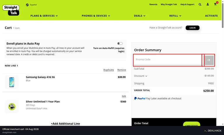 Straight Talk checkout page showing the Enter Promo Code field and _BTN_SUBMIT_PROMO_CARD button