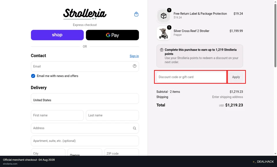 Strolleria checkout page showing the Discount code or gift card field and Apply button