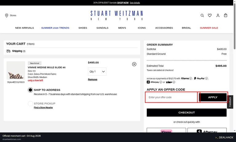 Stuart Weitzman checkout page showing the Enter your offer code field and APPLY button