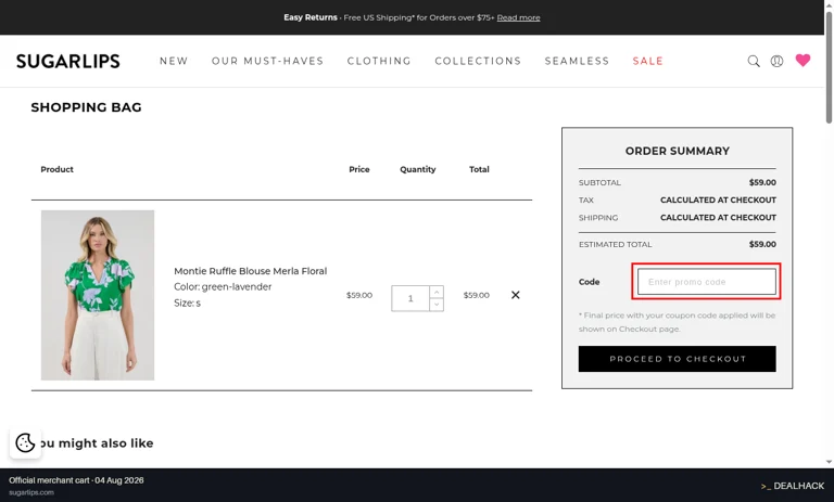 Sugarlips checkout page showing the Enter promo code field and Apply button