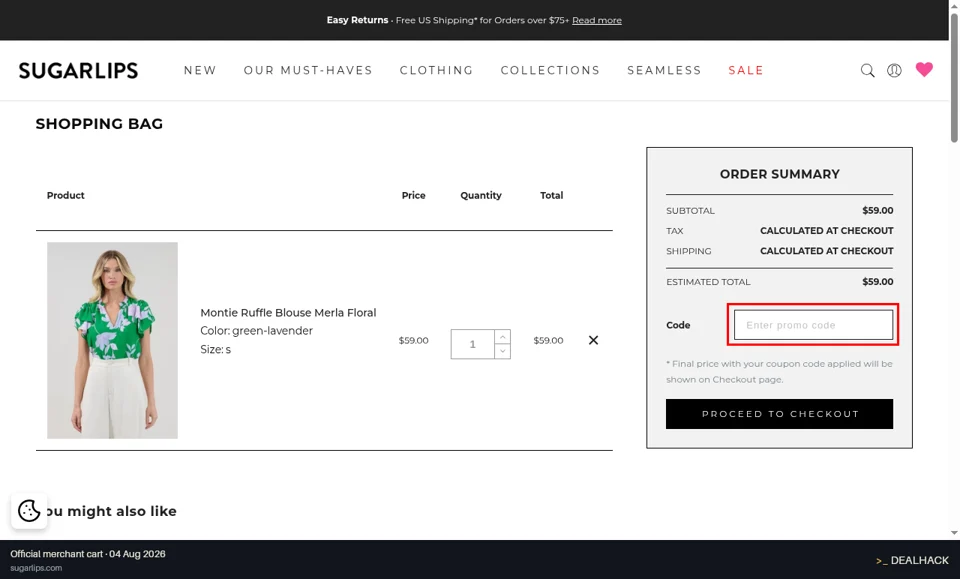 Sugarlips checkout page showing the Enter promo code field and Apply button