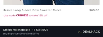 Screenshot of Sugarlips's website on Oct 16, 2026 showing the "Save 15% on Curve Collection and Select Sale Styles" offer