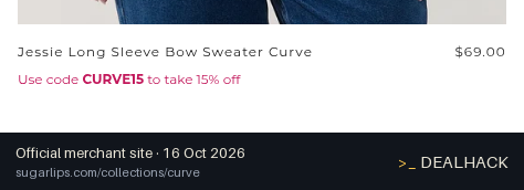 Screenshot of Sugarlips's website on Oct 16, 2026 showing the "Save 15% on Curve Collection and Select Sale Styles" offer