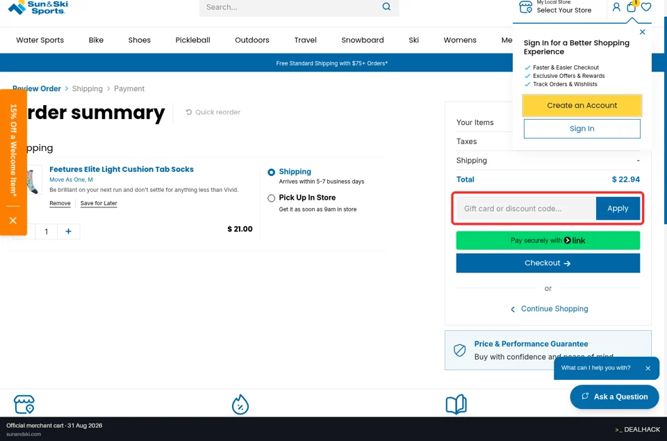 Sun & Ski checkout page showing the Gift card or discount code... field and Apply button